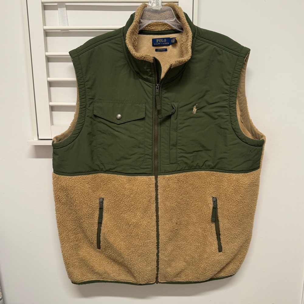 Polo Ralph Lauren Performance Mens XXL Hybrid Sherpa Fleece Nylon Vest Green Tan